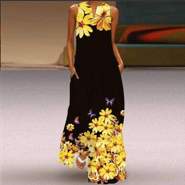 

summer womens clothes sleeveless long dress v neck printed emerald, Black;gray