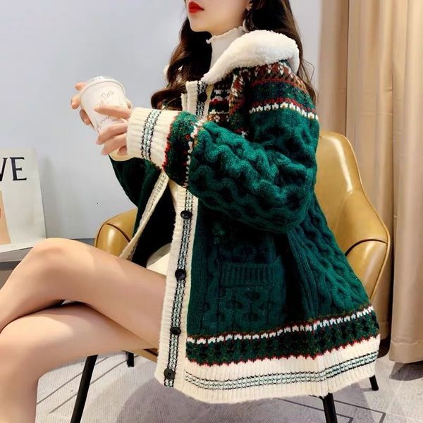 

women's knits tees christmas knitted sweater female year embroidery large thickened warm long sleeved cardigan 230111, White
