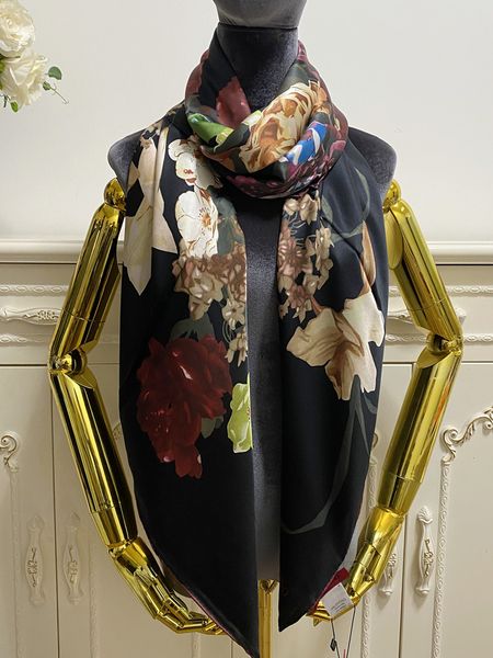 

women's square scarf scarves 100% silk material black color pint letters flowers pattern size 130cm - 130cm, Blue;gray
