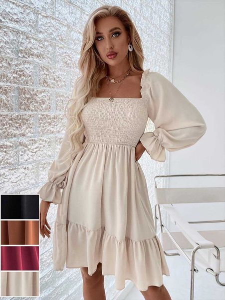 

high waist midi dress flounced skirt autumn square collar solid color, Black;gray