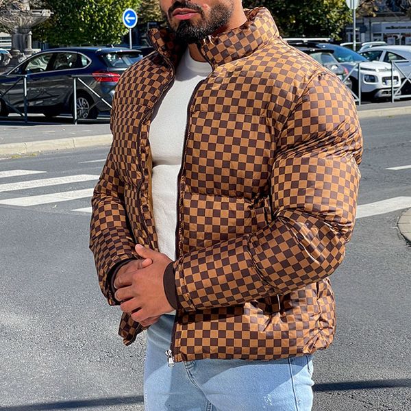 

men's jackets winter warm men fashion plaid printed zipper stand collar cotton padded jacket spring mens casual long sleeve outerwear 2, Black;brown
