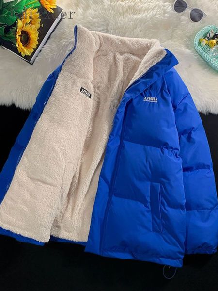 

men's jackets gmiixder klein blue padded jacket men winter thickened lambswool parkas oversize trend double sided wear thicken coat 230, Black;brown