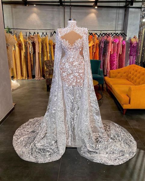 

modern mermaid prom dresses v neck sleeveless halter capes 3d lace hollow flowers pearls appliques sequins floor length formal evening dress, Black