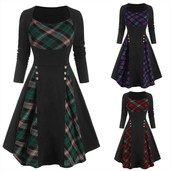 

autumn womens clothing plaid printed waist dress long skirt, Black;gray