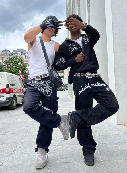 

women's jeans retro black print men's fashion wide leg style women trousers high waist loose casual vintage streetwear ins 230110, Blue