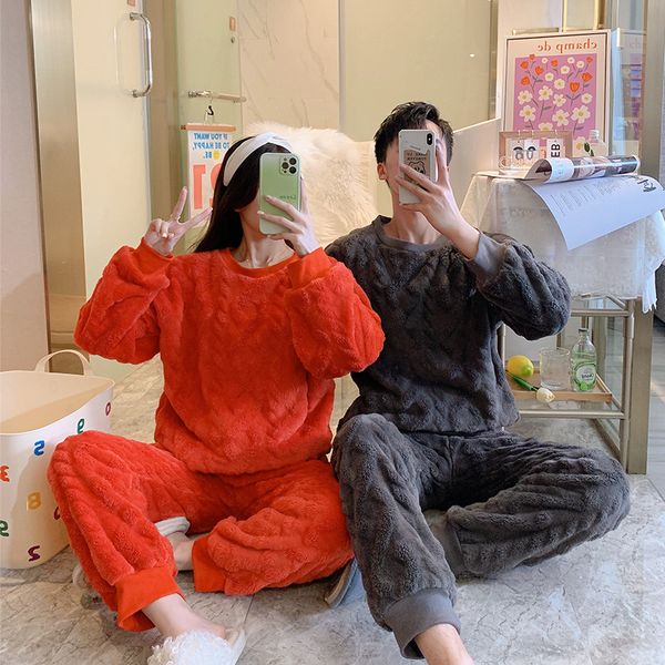 

men's sleepwear korean autumn winter coral fleece pajamas for couples thick plus velvet flannel homewear men casual loose 2pcs set 2301, Black;brown