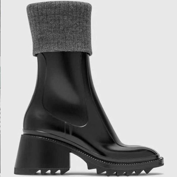 

designer ladies fashion platform shoe betty pvc rubber betty beeled boots block heel sleek square toe mid-calf rain boot shop women shoes no, Black