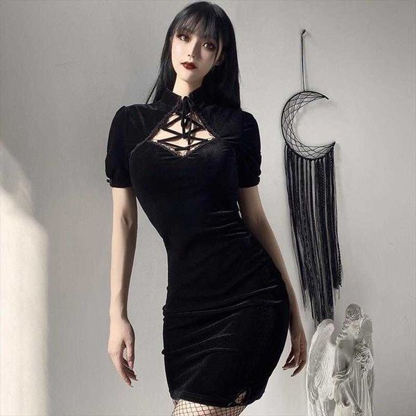 

retro dark improved cheongsam dress female gothic lace up suede high waist, Black;gray