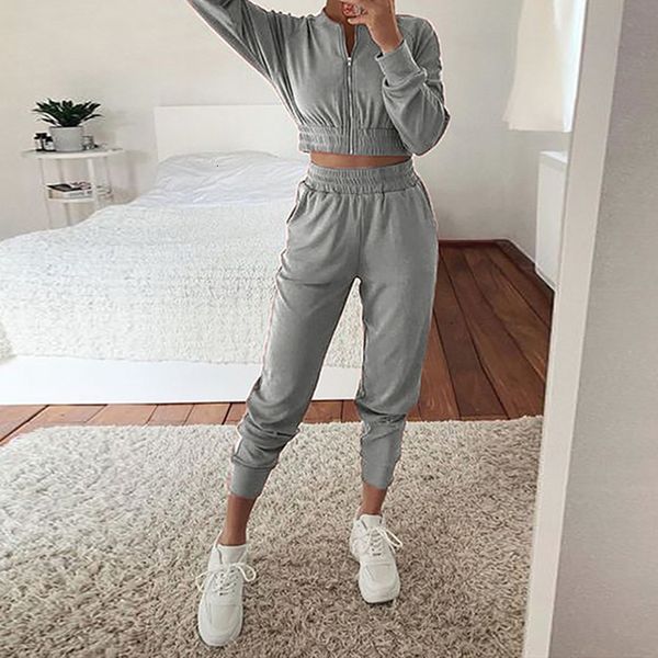 

women's tracksuits fashion sport suit 2pcs set women tracksuit long sleeve zip up slim jacketjogger pants sweatpants streetwear casual, Gray