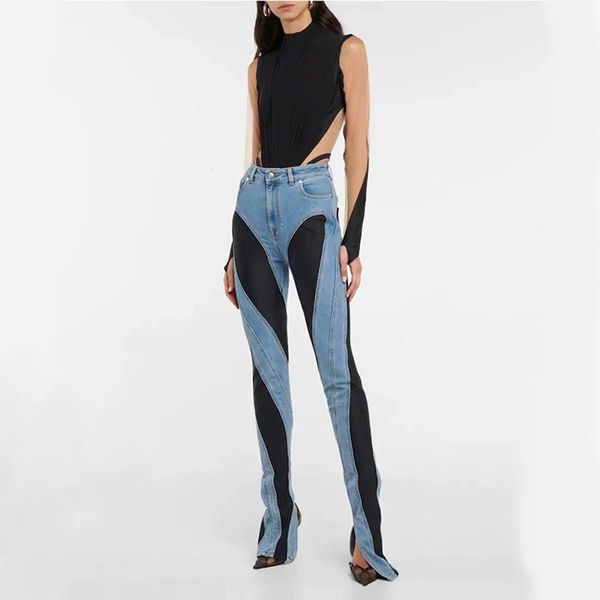 

women's jeans spiral two color spliced stretch high waisted skinny leisure trouser leg slit long micro pull the floor s l 230110, Blue