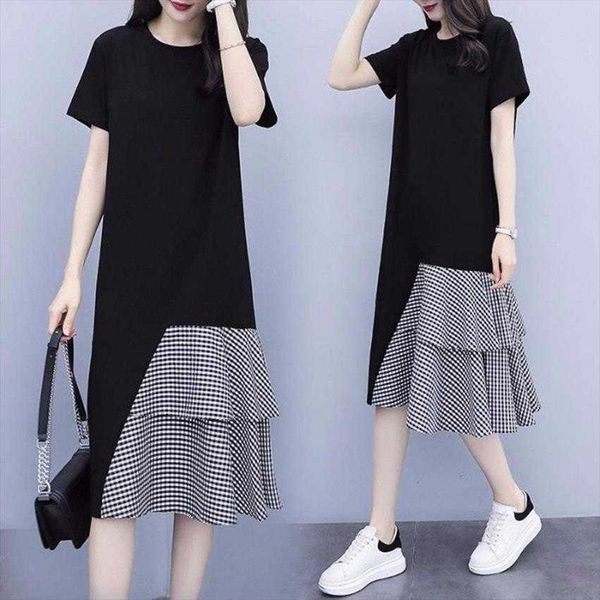 

large size dress korean style mid length short sleeve t shirt skirt, Black;gray