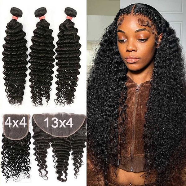 

lace wigs 28 30 inch deep wave human hair bundles with 13x4 frontal brazilian remy water curly closure 230106, Black;brown