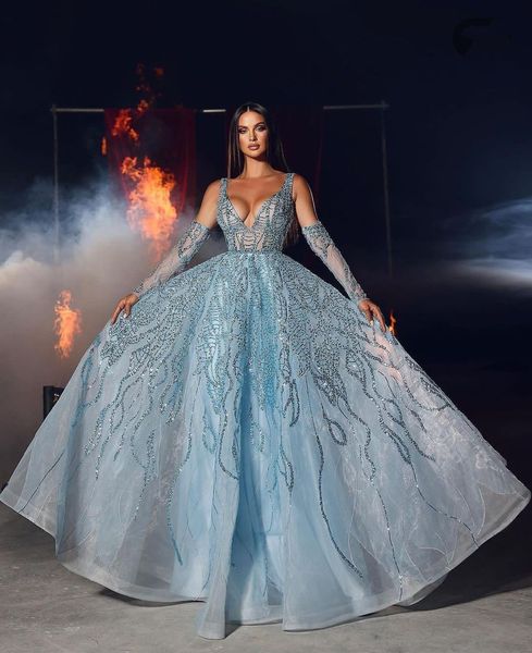 

blue evening dresses long sleeves v neck straps 3d lace beaded appliques sequins sparkly floor length celebrity ruffels prom dresses gowns p, Black;red