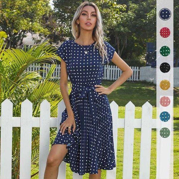 

summer midi dress short sleeve lace empire up polka dots pleated, Black;gray