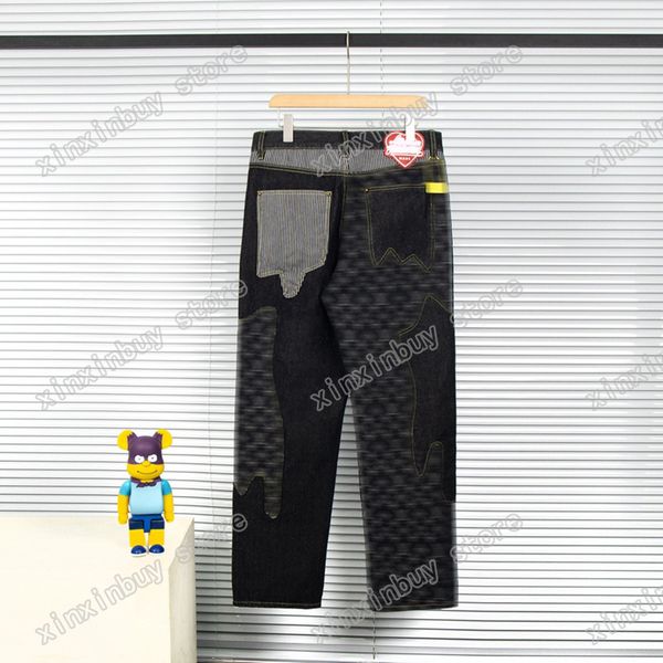 

xinxinbuy men designer coat denim sets panelled pocket stripe letters jacquard webbing jogging paris cotton women black m-2xl, Black;brown