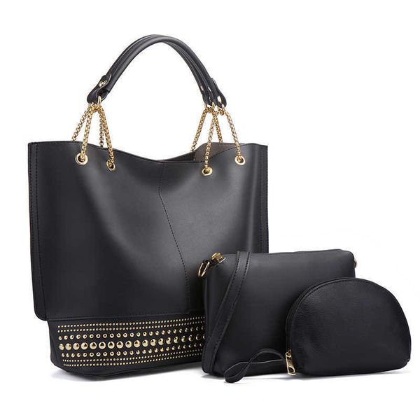 

2022 new design handbags leather bucket bags contrast color luxury satchel purse 3 pcs sets large tote shoulder bag with wallets
