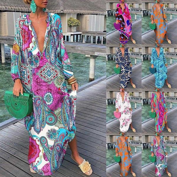 

fashion printed v neck button loose long dress casual for women, Black;gray