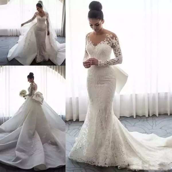 

mermaid modest bridal gowns long sleeves elegant country western women modest custom made wedding dresses vestido de novia big bownot, White