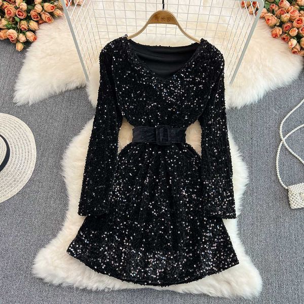 

party dresses fashion v-neck glittering sequin party dress autumn winter party annual meeting waist slim dress, White;black
