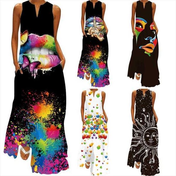 

summer retro printed dress v neck multi color long sleeveless, Black;gray