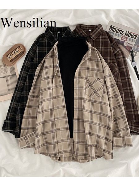 

women's blouses shirts women plaid oversize blouse female korean fashion long sleeves casual outwear vintage checkered femme blusas 23, White