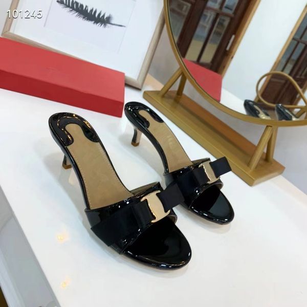 

high-heeled slippers bow buckle full leather sandals slim heel round head classic fashion soft and comfortable women's shoes, Black
