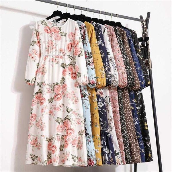 

spring floral dress round neck long sleeve waist slimming a line, Black;gray