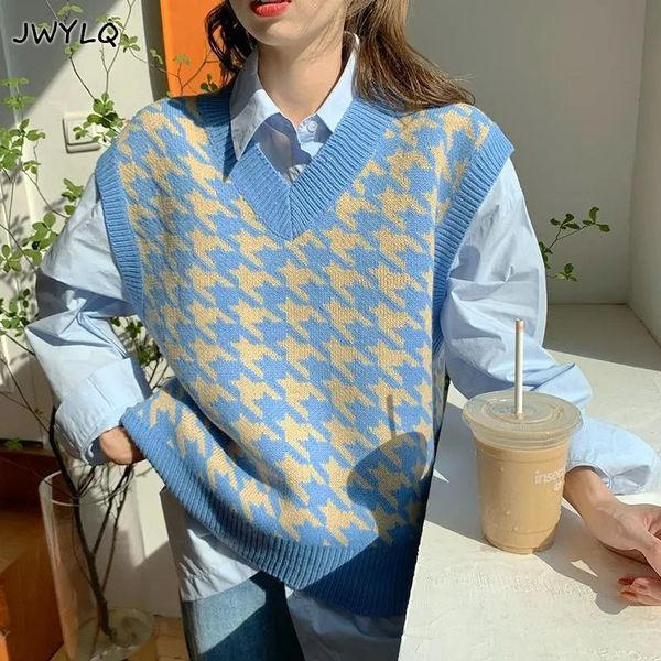 

women's vests sweater autumn houndstooth plaid v-neck sleeveless knitted vintage loose oversized female clothing 230111, Black;white