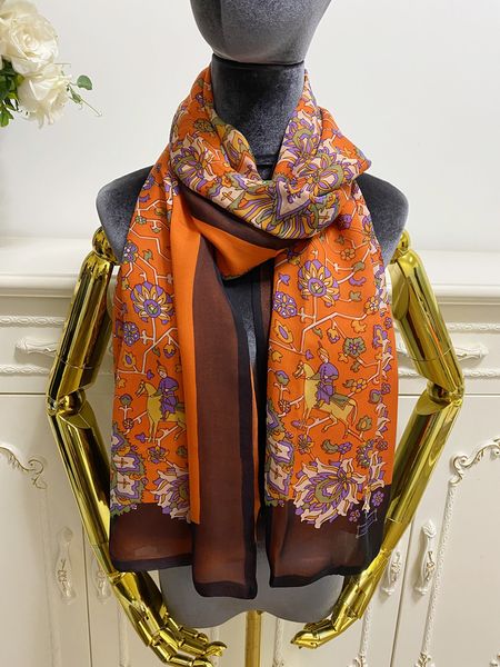 

women's long scarf double layer design orange color print pattern 100% silk material scarves shawl size 180cm - 65cm, Blue;gray