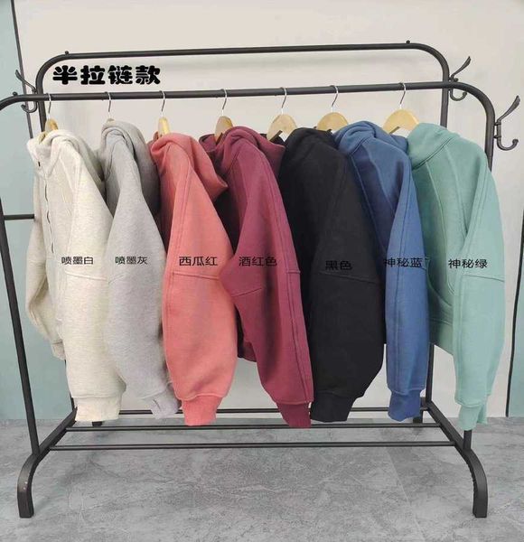 

23ss designer half zipper hoodie same style winter scuba pullover pulled thickened lululemens women hoodies hooded embroidery sweater loose, Black