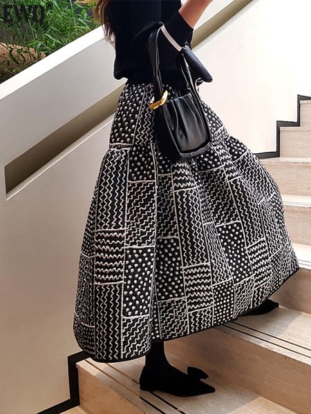 

skirts ewq faldas mujer moda vintage big hem print high waist aline korean loose ladies 2023 spring summer 230110, Black