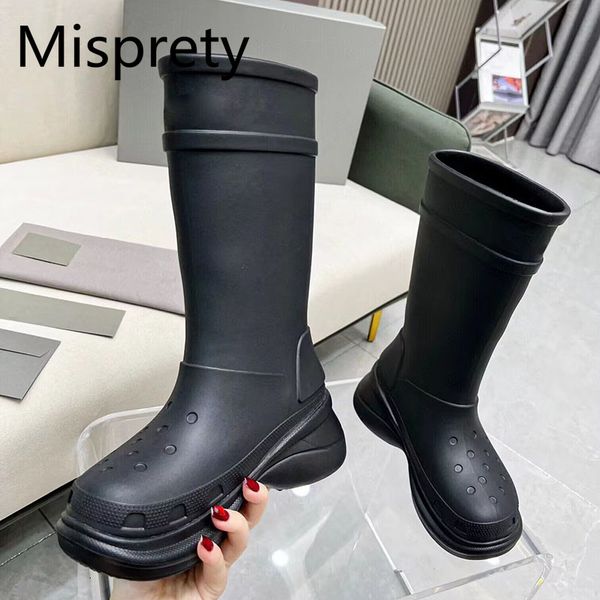 

rain boots runway women platform rainboots round toe thick sole rubber waterproof height increasing designer long 230112, Black;red