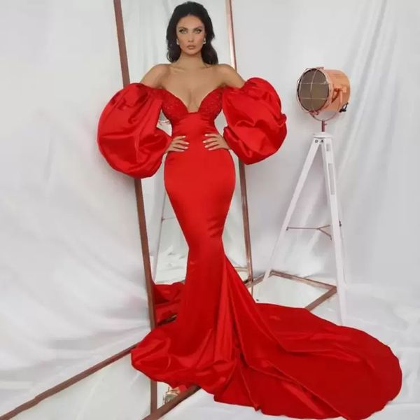

puff long sleeves red mermaid prom dresses off shoulder simple elegant satin formal dress evening gowns slim fit women special occasion wear, Black