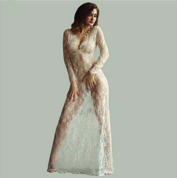 

deep v neck dresses long sleeve lace see through tight trailing dress high, Black;gray