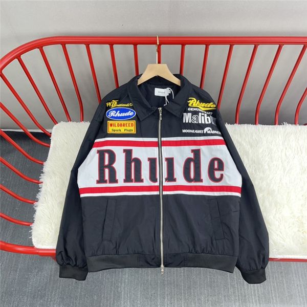 

men's jackets men women hip hop outerwear badge embroidered lapel rhude windbreaker coats black red rhude jacket 230111 3trd, Black;brown