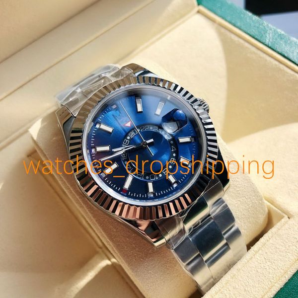 

super quality mens watch 42mm blue dial oyster strap sky dual time zone automatic mechanical stainless steel ref.326934 sapphire glass man s, Slivery;brown