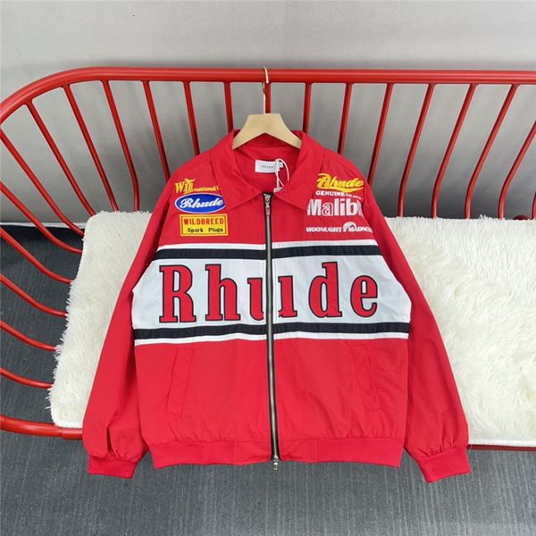 

men's jackets men women hip hop outerwear badge embroidered lapel rhude windbreaker coats black red rhude jacket 230111 m99v, Black;brown