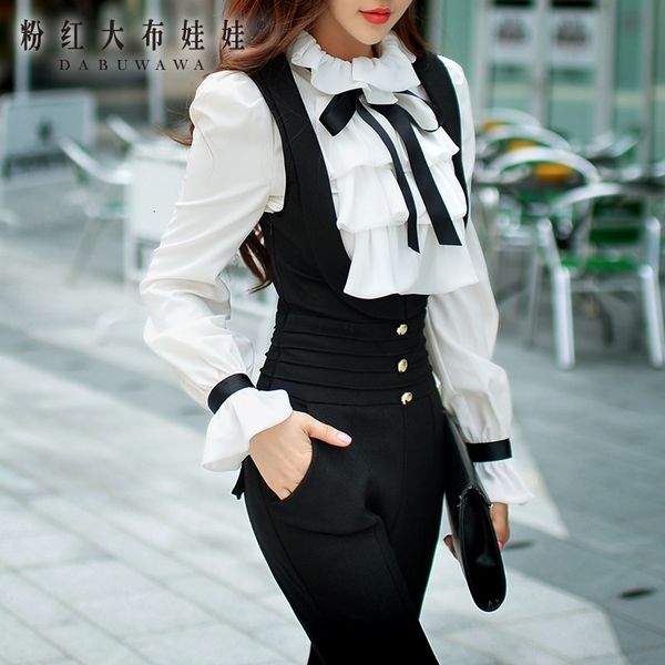 

women s blouses shirts dabuwawa autumn winter white women ruffles bow tie long puff sleeve office lady elegant 230112
