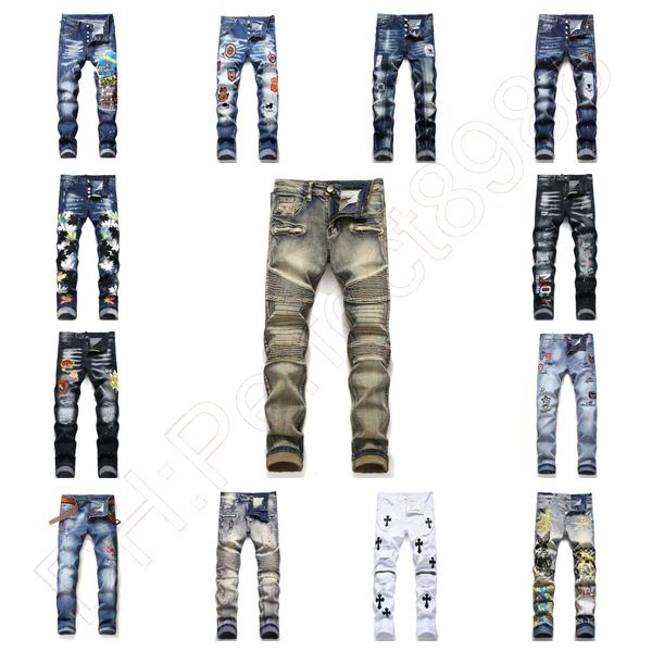 

new jeans chino pants pant men's trousers stretch close-fitting slacks washed straight skinny embroidery patchwork ripped mens trend br, Blue