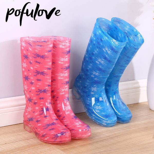 

rain boots pofulove women print pvc waterproof shoes for girls knee-high slip on anti skip long tube botas fashion size 41 230112, Black;red