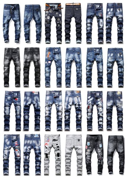 

brand mens designer jeans distressed ripped skinny jeans men long straight badge rips stretch motorcycle biker fit denim embroidery holes hi, Blue
