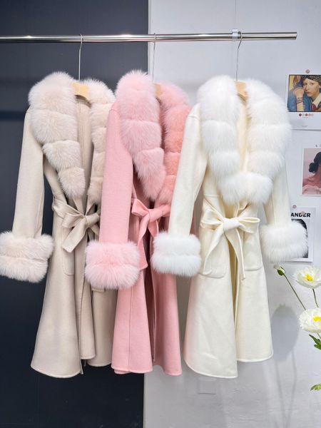 

women's knits tees women real fur coat jacket female lady wool blends collar coats jackets long trench 230111, White