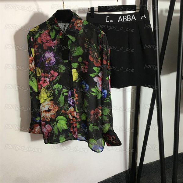 

floral women t shirt skirt set trendy long sleeve lapel blouse black mini skirts