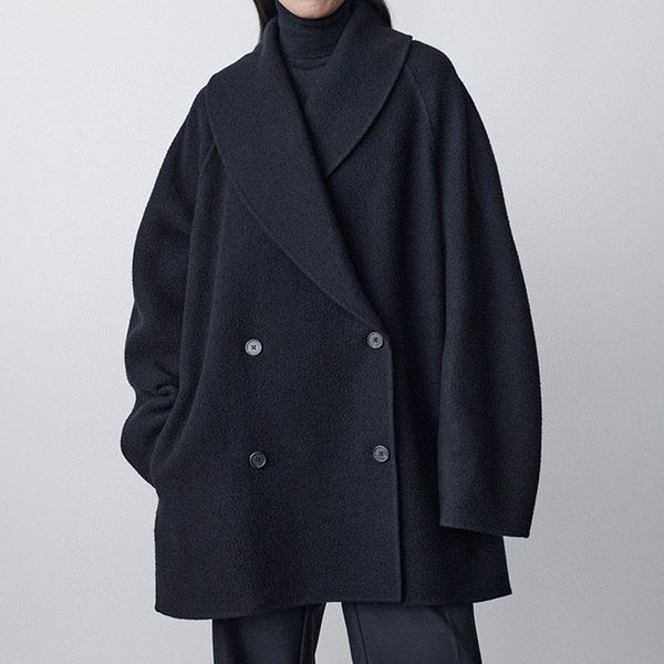 

women's knits tees ther0w* winter women coat wool cashmere black color full sleeves double breasted oversize casual turndown collar kee, White