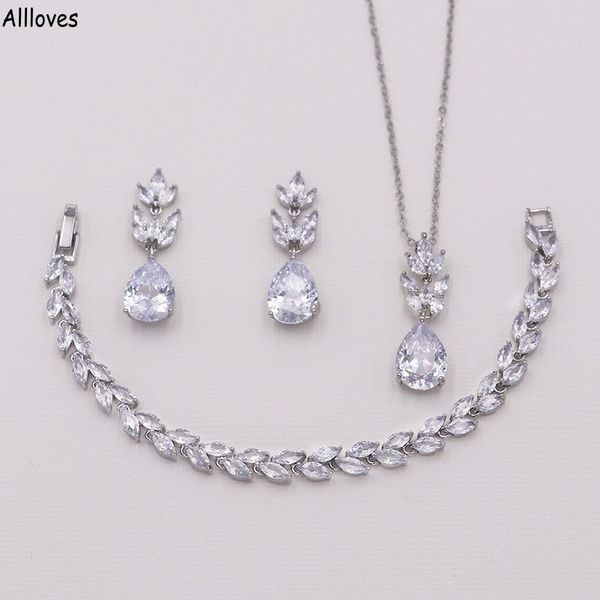 

sparkly crystals zircon bridal jewelry sets for wedding silver rhinestones earrings necklace bracelets set women formal events prom accessor, White