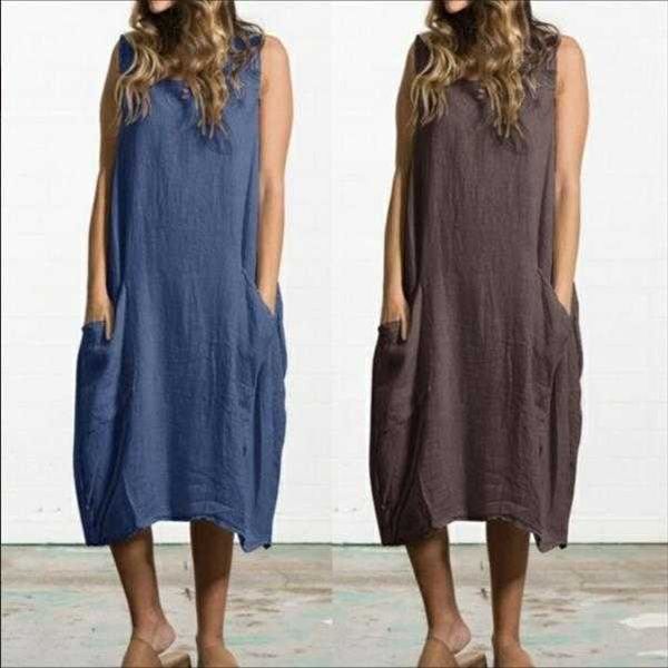 

large size loose cotton linen sleeveless dress solid color pocket midi, Black;gray