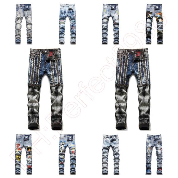 

new jeans chino pants pant men's trousers stretch close-fitting slacks washed straight skinny embroidery patchwork ripped mens trend br, Blue