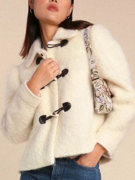 

women's knits tees wool blend warm coat vintage denim button turndown collar long sleeve autumn winter ladies fashion jacket 230111, White