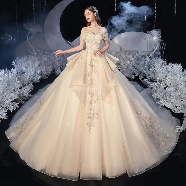 

modest crystal a line wedding dresses off shoulder long ssequined tulle lace applique crystal feather wedding gowns sweep train robe de mari, White