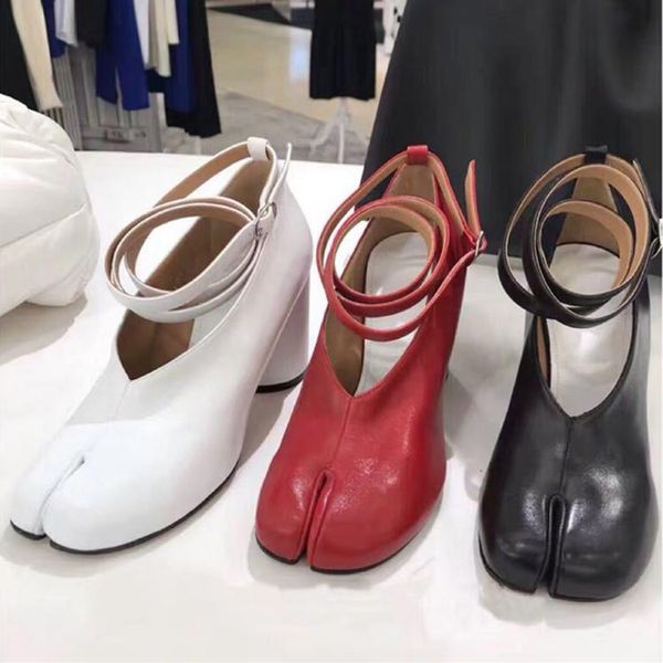 

new fashion women pumps shoes dress shoe spring fashion black red white leather split pig toe chunky heels buckle ankle strap block med heel